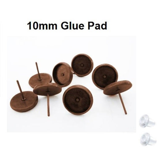 E048 - 50 pcs. Antique Copper Earring Posts Studs Settings Bezels Cabochons Tacks- 10mm Glue Pad Setting - Rubber Backs Included!