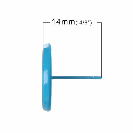 E066 - 10 pcs. Light Blue Earring Posts Studs Settings Bezels Cabochons Tacks- 14mm Glue Pad Setting
