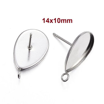E105 - 10 pcs. 304 Stainless Steel Silver Earring Tacks Posts Studs Settings Bezels Cabochons with Loop - Teardrop - 14mm x 10mm Glue Pad Setting