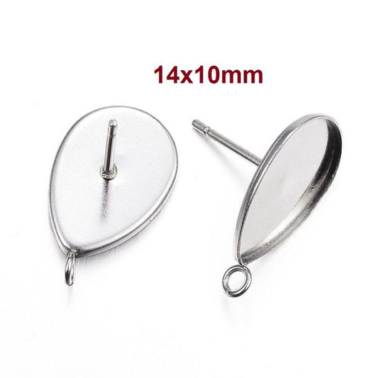 E105 - 10 pcs. 304 Stainless Steel Silver Earring Tacks Posts Studs Settings Bezels Cabochons with Loop - Teardrop - 14mm x 10mm Glue Pad Setting