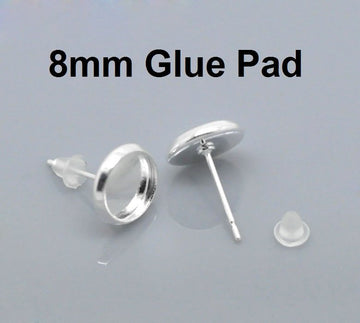E126A - 10 pcs. Silver Plated Earring Posts Studs Settings Bezels Cabochons Tacks- 8mm Glue Pad Setting