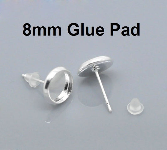 E126A - 10 pcs. Silver Plated Earring Posts Studs Settings Bezels Cabochons Tacks- 8mm Glue Pad Setting