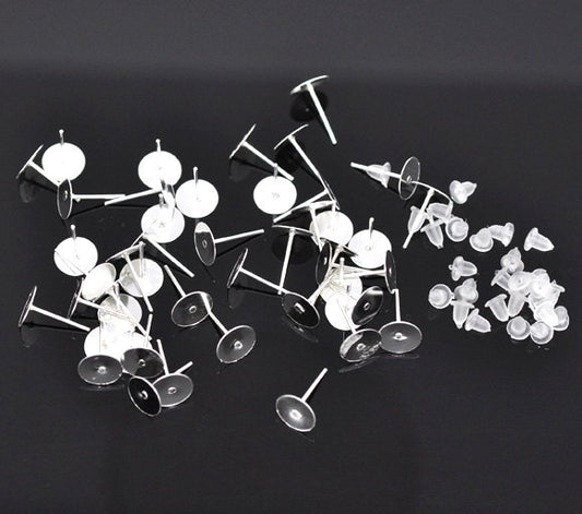 E136 - 500 pieces (250 pairs) Silver Plated Earring Posts/Bases/Studs/Settings with Rubber Backs - 12mm x 8mm