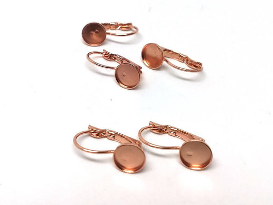 E176 - 10 pcs. Rose Gold Plated Earring Clips Settings Lever Back Bezels Cabochons - 10mm Glue Pad Setting