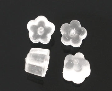 E008A - 100 pcs (50 Pairs) Clear Translucent Rubber Earring Back Stoppers Nuts - 4mm x 4mm - Flower