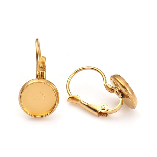 E028 - 2 pcs. (1 pair) Stainless Steel Gold Plated Earring Clips Settings Lever Back Bezels Cabochons - 8mm Glue Pad Setting