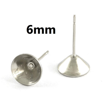 E576 - 10 pcs. (5 pairs) 314 Stainless Steel Earring Cone Posts Settings Studs with 316 Pin - For 6mm Pointed Back Cabochons -  Tarnish Resistant!
