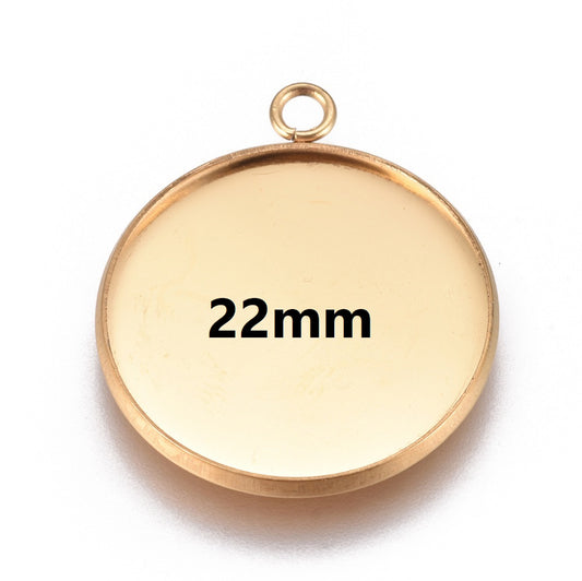P022 - 5 pcs. 304 Stainless Steel Golden Circle Round Bezel Pendant Tags Trays - 22mm Glue Pad Setting - Tarnish Resistant!