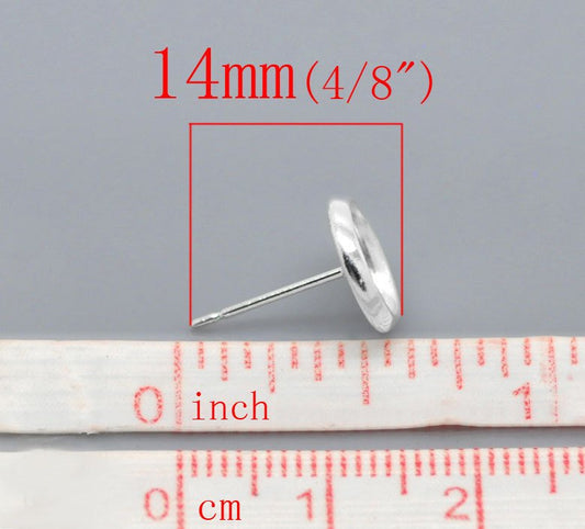 E126 - 50 pcs. Silver Plated Earring Posts Studs Settings Bezels Cabochons Tacks- 8mm Glue Pad Setting