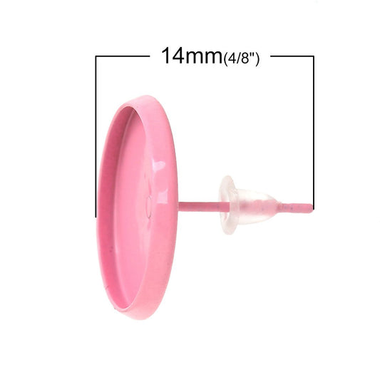 E214 - 20 pcs. Pink Plated Earring Posts Studs Settings Bezels Cabochons Tacks- 14mm Glue Pad Setting