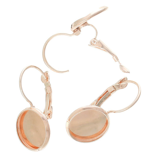 E049 - 10 pcs. Rose Gold Plated Earring Clips Settings Lever Back Bezels Cabochons - 12mm Glue Pad Setting