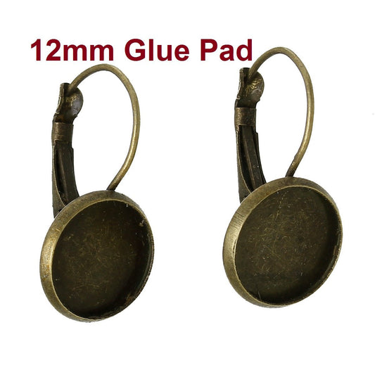 E067 - 10 pcs. Antique Bronze Earring Clips Settings Lever Back Bezels Cabochons - 12mm Glue Pad Setting - Made of Copper!