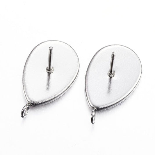 E105 - 10 pcs. 304 Stainless Steel Silver Earring Tacks Posts Studs Settings Bezels Cabochons with Loop - Teardrop - 14mm x 10mm Glue Pad Setting