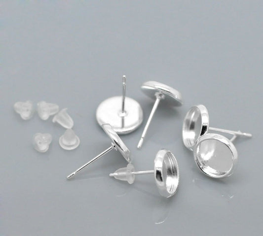 E502 - 10 pcs. Silver Plated Earring Posts Studs Settings Bezels Cabochons Tacks- 6mm Glue Pad Setting