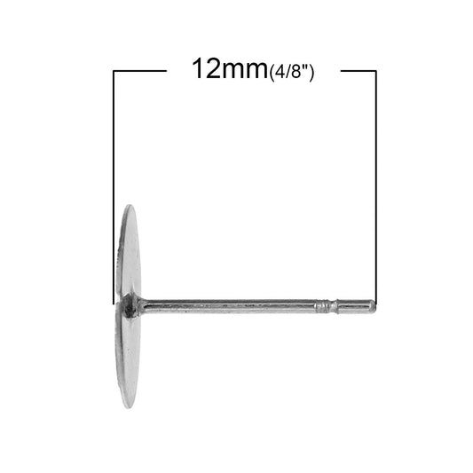 E115A - 100 pcs. (50 pairs) 304 Stainless Steel Earring Posts/Bases/Studs/Settings with Rubber Backs - 12mm x 10mm - 10mm Glue Pad