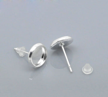 E502 - 10 pcs. Silver Plated Earring Posts Studs Settings Bezels Cabochons Tacks- 6mm Glue Pad Setting