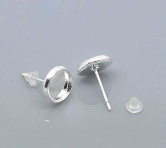E502 - 10 pcs. Silver Plated Earring Posts Studs Settings Bezels Cabochons Tacks- 6mm Glue Pad Setting