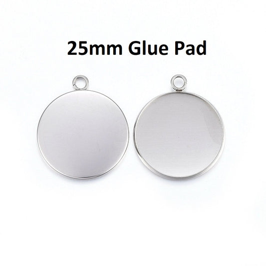 P087 - 10 pcs. 304 Stainless Steel Circle Round Bezel Pendant Tags Trays - 25mm Glue Pad Setting - Single Loop - Silver Tone - Tarnish Resistant! Style B