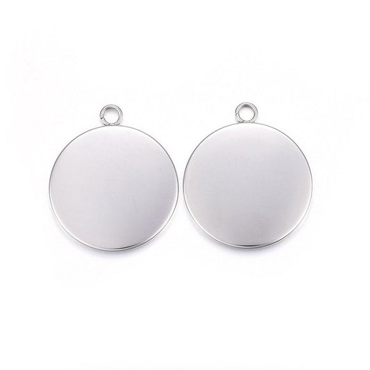 P087 - 10 pcs. 304 Stainless Steel Circle Round Bezel Pendant Tags Trays - 25mm Glue Pad Setting - Single Loop - Silver Tone - Tarnish Resistant! Style B