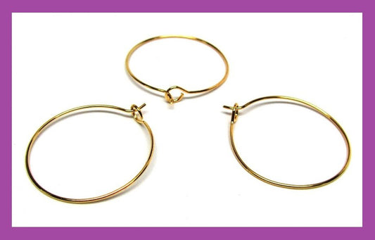 W009 - 100 Gold Plated Wine Charm/Earwire Hoop Rings - 30mm -20 Gauge