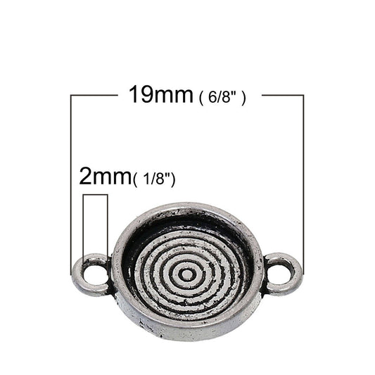 10 pcs. Antique Silver Circle Round Bezel Cabochon Cameo Connector Tags Trays - 10mm Glue Pad