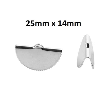 CR027 - 10 pcs. Silver Plated Half Round Ribbon Crimp End Caps - 25mm x 14mm - Great to make tassels and dangles! With teeth
