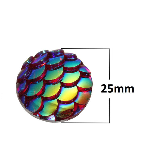 CA464 - 5 pcs Mermaid Fish Scales Resin Carved Embellishment Cabochons Dark Red Multicolor - 25mm (1 in)