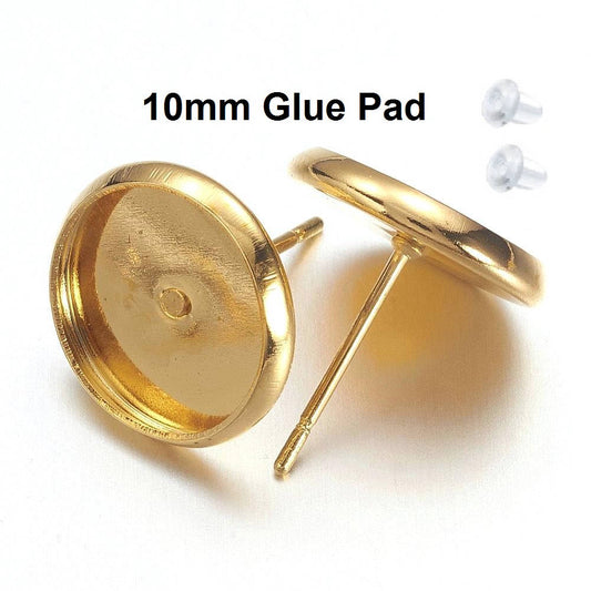 E050 - 50 pcs. Golden Gold Tone Earring Posts Studs Settings Bezels Cabochons Tacks- 10mm Glue Pad - and Rubber Backs! Made of Brass!