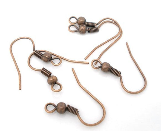 E009 - 200 pcs Antique Copper Tone Earring Hooks with Spring and Ball - 18mm x 19mm