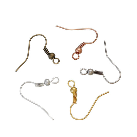 E030 - 250 pcs. Assortment of Earring Hooks with Spring and Ball-18x19mm-5 Colors: Silver Plated, Gold Plated, Rose Gold, Silver Tone, Bronze