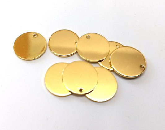 P982 - 10 pcs. Gold Plated Round Circle Stamping Tags - 15mm (0.59 inch) (1.5 cm) - Hole Size: 1.1mm - Made of Copper! - 1.2mm Thick
