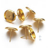 E050A - 10 pcs. Golden Gold Tone Earring Posts Studs Settings Bezels Cabochons Tacks- 10mm Glue Pad - and Rubber Backs! Made of Brass!