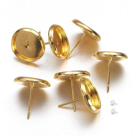 E050A - 10 pcs. Golden Gold Tone Earring Posts Studs Settings Bezels Cabochons Tacks- 10mm Glue Pad - and Rubber Backs! Made of Brass!