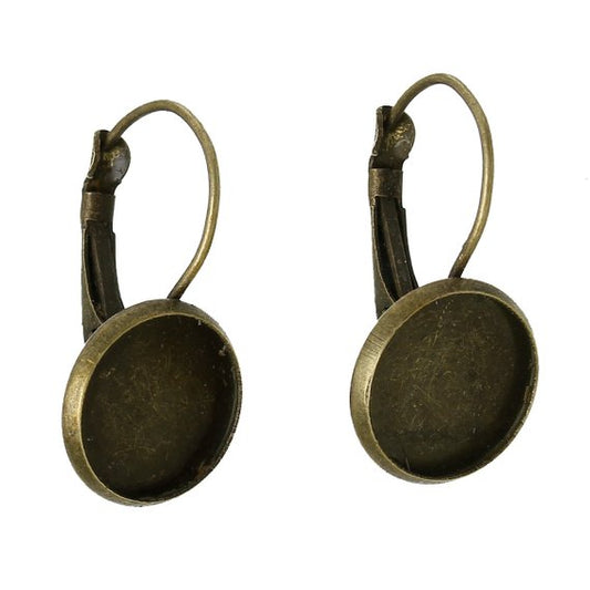 E810 - 10 pcs. Antique Bronze Earring Clips Settings Lever Back Bezels Cabochons - 14mm Glue Pad Setting - Made of Copper!