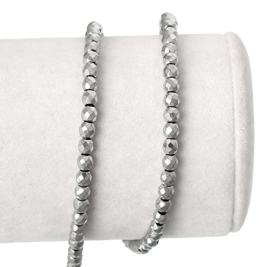 BD750 - 92 pcs. - 4mm Silver Tone Hematite Faceted Round Beads - 15 3/4 inch strand (40cm) - 0.5mm Hole Size - Grade A