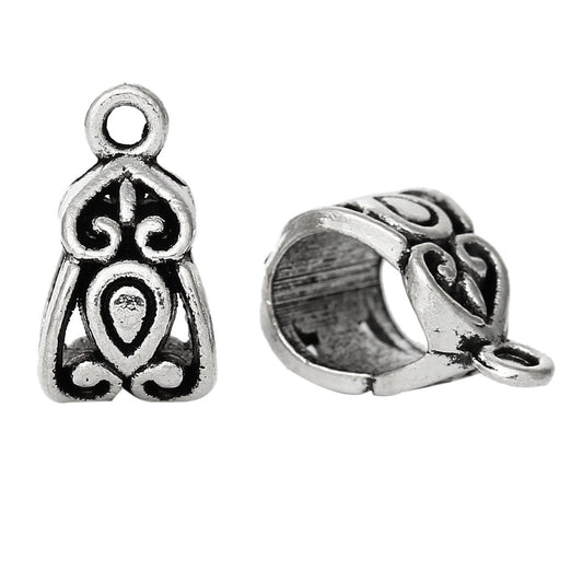 BA014 - 10pcs. Antique Silver Dangle Triangle Filigree Slider Spacer Bails with Loop - 14mm X 8mm - Fits European Cords