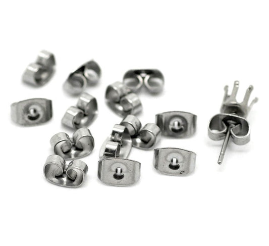 E216A - 20 pcs (10 Pairs) 304 Stainless Steel Earring Nuts Stoppers Backs - 7mm x 4mm - Hypoallergenic! Butterfly Design