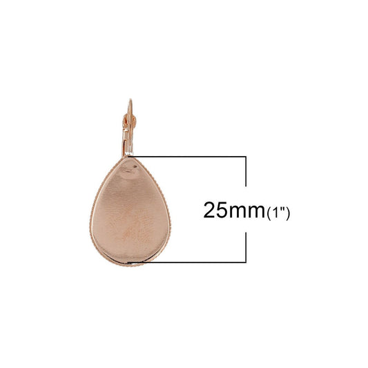 E205 - 20 pcs. Rose Gold Plated Earring Clips Settings Lever Back Bezels Cabochons - 25mm x 18mm Glue Pad Setting - Teardrop