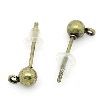 100 pcs. (50 pairs) Antique Bronze Earring Ball Posts Settings with Loop - 16mm x 6mm - Rubber Backs Included!