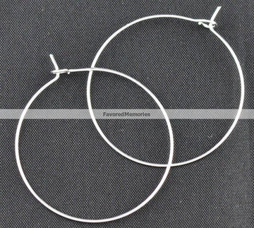 W010 - 100 Silver Plated Wine Charm/Earwire Hoop Rings - 30mm -20 Gauge