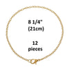 B010 - 10 pcs. Gold Plated Chain Link Bracelets with Lobster Clasps - 8 1/4 in (21 cm) - Style A - Claw Clasps