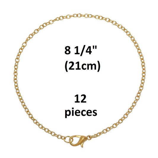 B010 - 10 pcs. Gold Plated Chain Link Bracelets with Lobster Clasps - 8 1/4 in (21 cm) - Style A - Claw Clasps