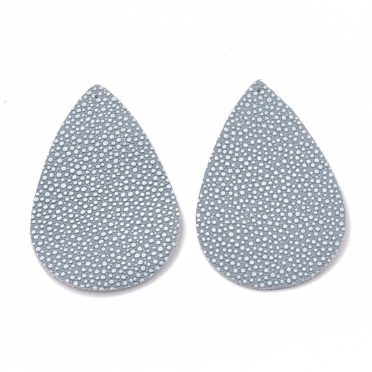 P256 - 10 pcs. Blue Gray Silver Pebble Faux Leather Dangle Charms Pendants - Teardrop - 56mm (2.2") - Great for Light Earrings! Double Sided