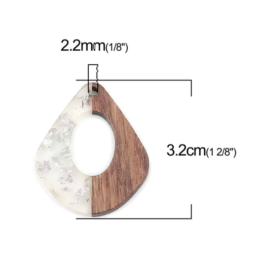 MP0038 - 4 pcs. Silver Foil and Clear Resin and Wood Teardrop Flat Pendant - 33mm x 28mm - (1.3" x 1.1") - MEDIUM