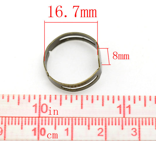 RB023 - 50 pcs. Antique Bronze ADJUSTABLE RING bases - Ring Size 6.25 - Glue Pad 8mm