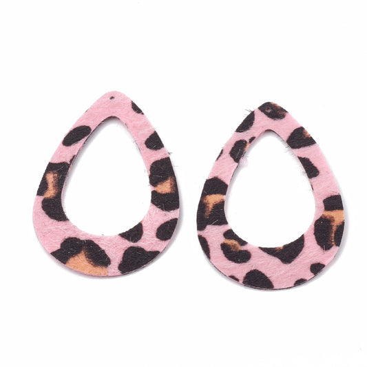 P709 - 10 pcs. Leopard Faux Fur Leather Dangle Charms Pendants - Teardrop Hoop - Pink- 59mm (2.32") - Great for Earrings or Dangles! Double-Sided