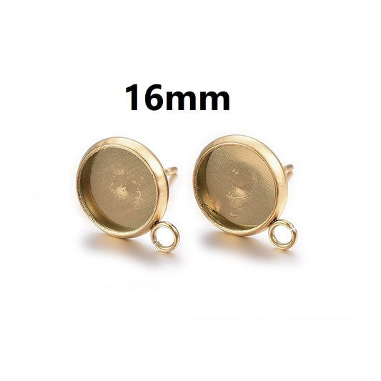 E178 - 10 pcs. 304 Stainless Steel Golden Earring Posts Studs Settings Bezels Cabochons Tacks with Parallel Loop - 16mm Glue Pad Setting