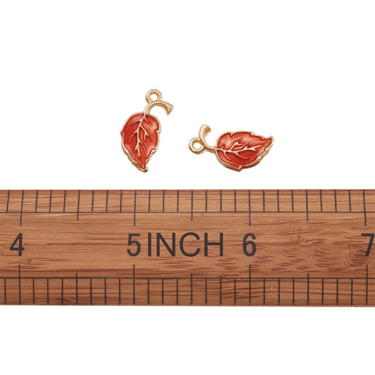P312 - 10 pcs. Golden Orange Fall Leaves Enamel Charms - 20mm - Hole Size: 1.5mm