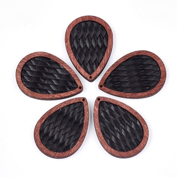 P173 - 4 pcs. Black and Brown REAL Leather Cowhide over Wood Dangle Pendants - Rattan - Teardrop - 46mm (1.81") - Great for Earrings or Dangles!