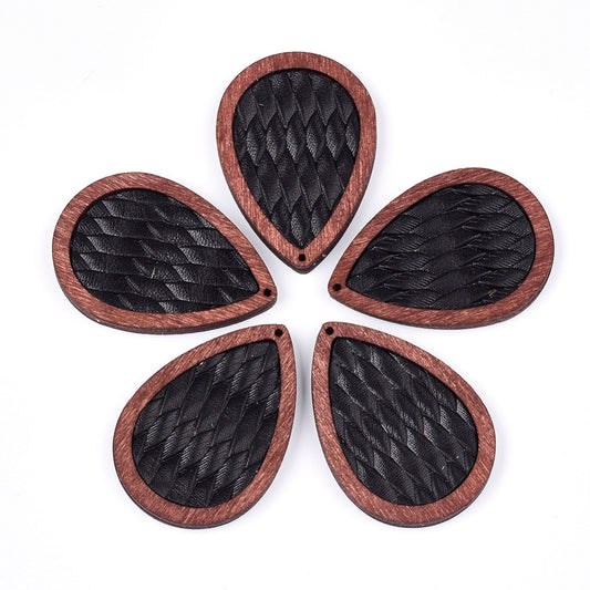 P173 - 4 pcs. Black and Brown REAL Leather Cowhide over Wood Dangle Pendants - Rattan - Teardrop - 46mm (1.81") - Great for Earrings or Dangles!